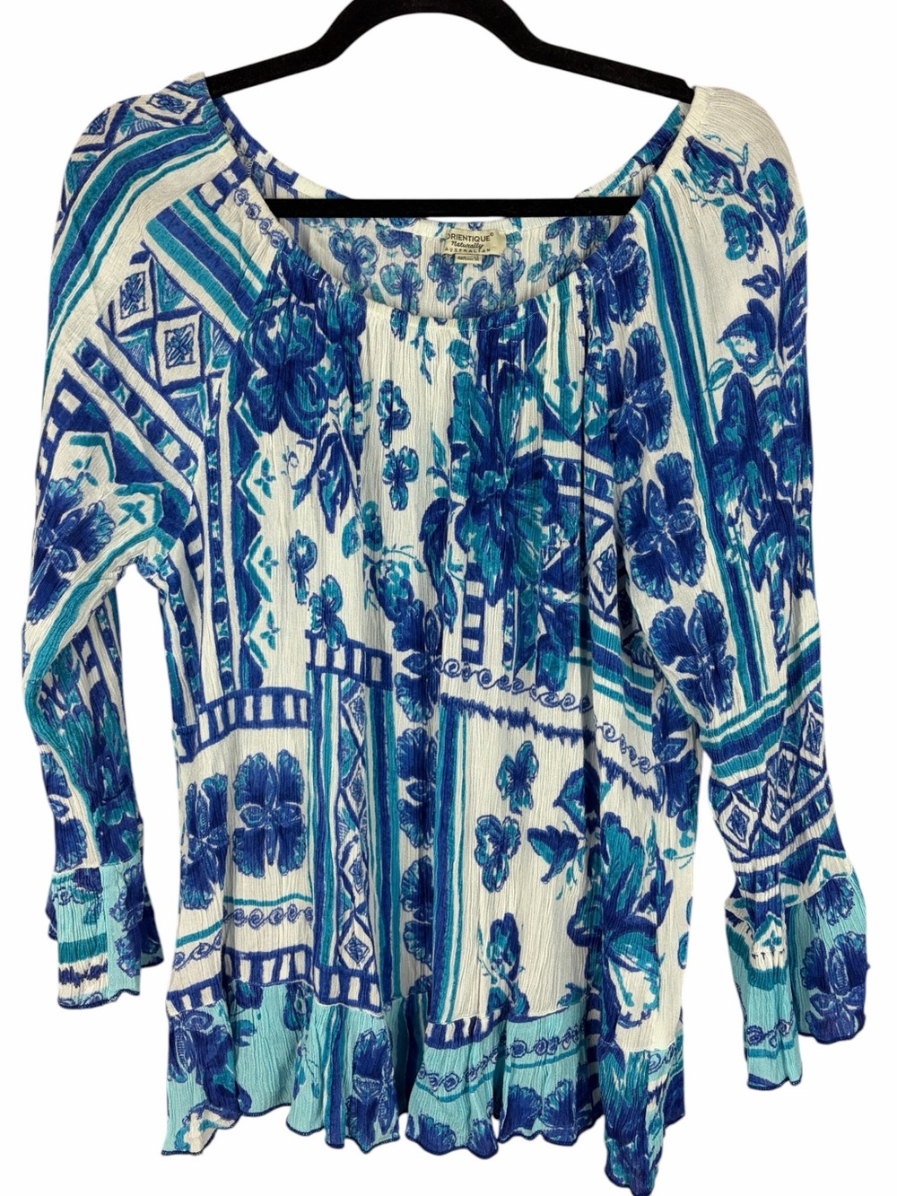 Orientique Naturally Blue Floral Crinkle Peasant Blouse Medium Boho Bell Sleeve